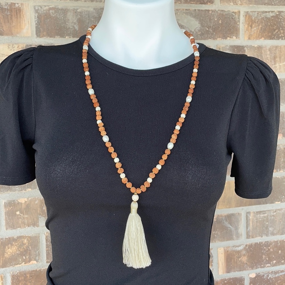Brown & Cream Beaded Necklace With Tassel